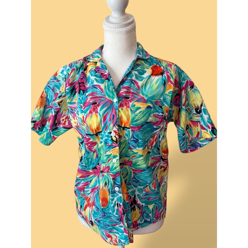 🌴 Rare Vintage 80s Sandra Ingrish Colorful Parrot Tropical Camp Shirt 🦜